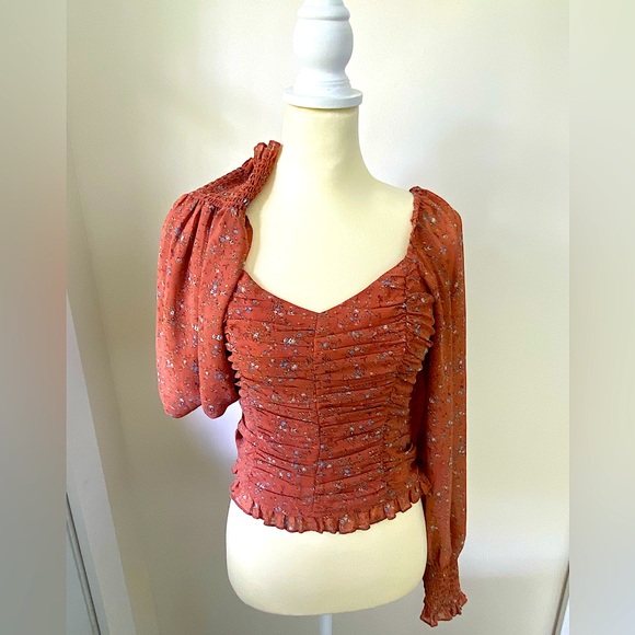 Promesa Rust Red Puff Sleeve Ruched Blouse - Picture 1 of 5